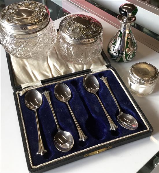 3 silver topped boxes, spoons & silver & glass scent bottle